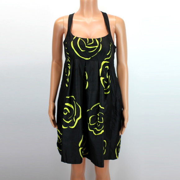 black dress with yellow roses